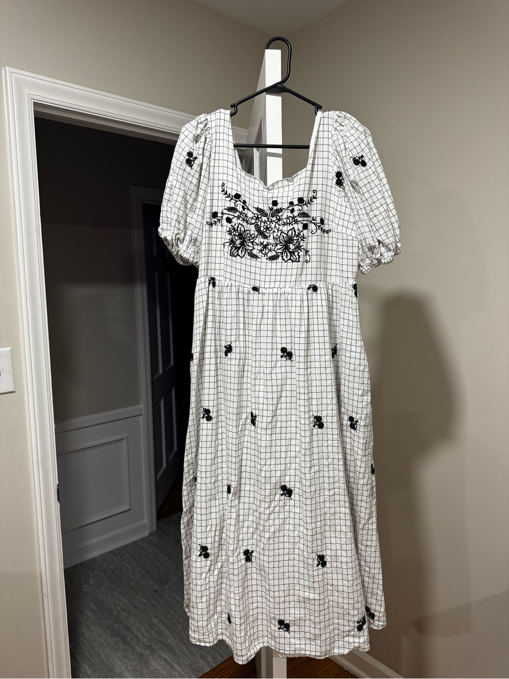Ivory Grid Midi Dress with Black Floral Embroidery and Puff Sleeves